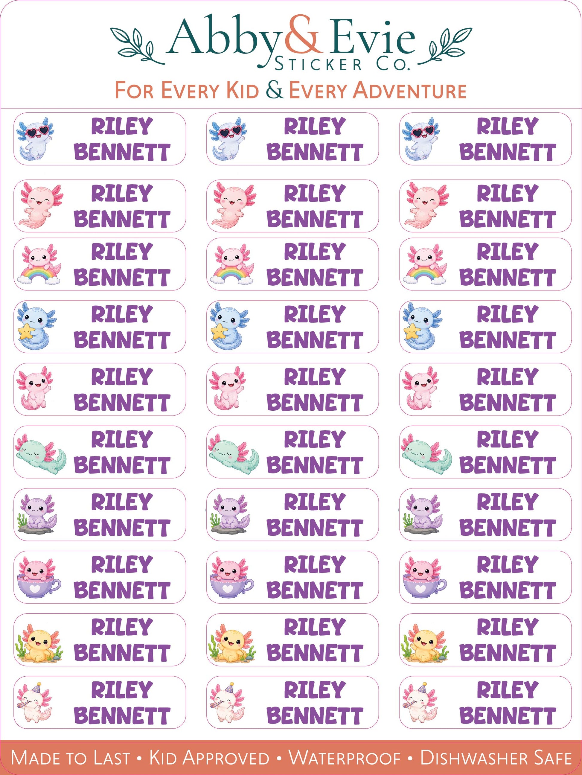 A sheet of personalized sticker labels from Abby & Evie Sticker Co. featuring the name 'Riley Bennett' in purple text above cute cartoon animal illustrations, with a header banner reading 'For Every Kid & Every Adventure' and a bottom badge saying 'Made to Last • Kid Approved • Waterproof • Dishwasher Safe'.
