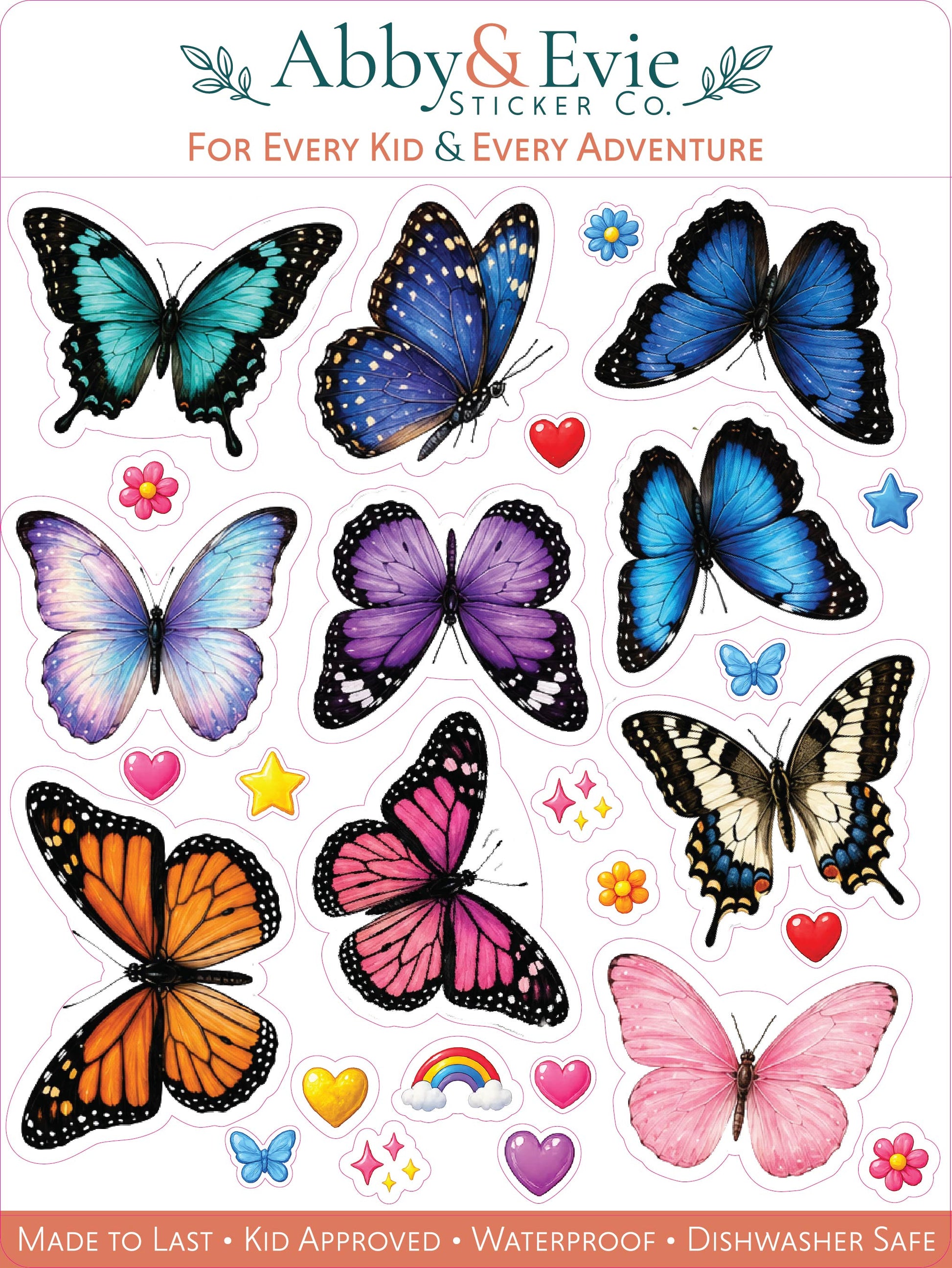A sheet of Abby & Evie Sticker Co. butterfly stickers for kids, featuring multiple colorful illustrated butterflies in blue, purple, orange, pink, and black, along with small hearts, flowers, stars, and a rainbow on a white background.