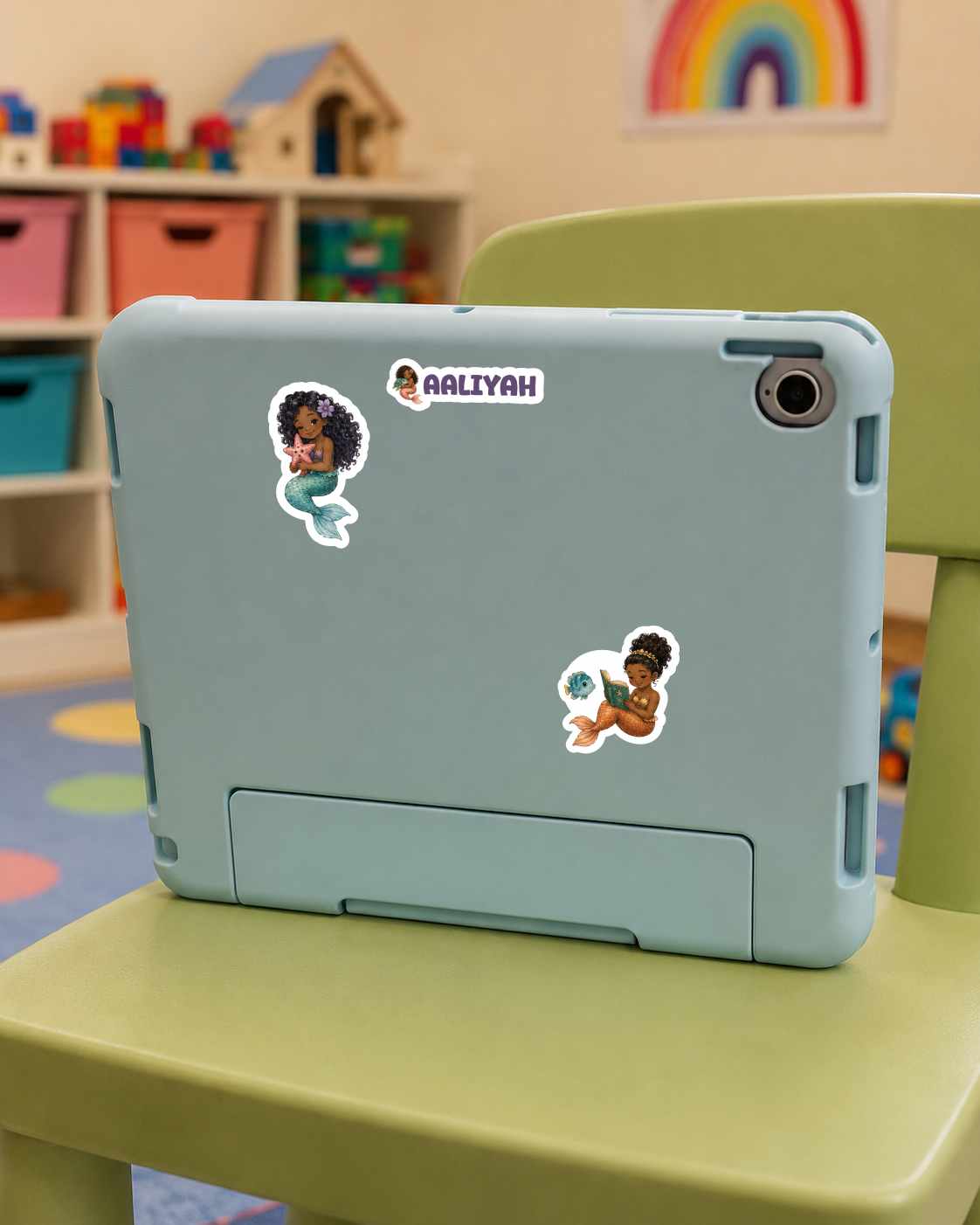 A light blue tablet case with two custom cartoon-style stickers on the back, resting on a green children's chair in a colorful playroom setting.