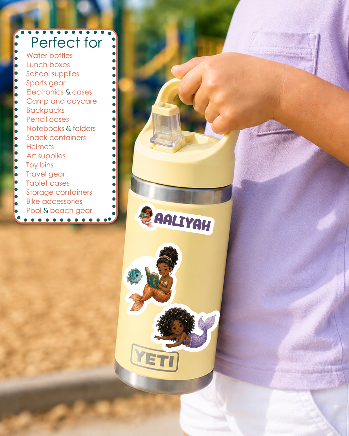 A person in a light purple shirt holds a personalized cream-colored Yeti water bottle with a straw lid. The bottle features custom stickers with the name 'Aaliyah' and a mermaid illustration.