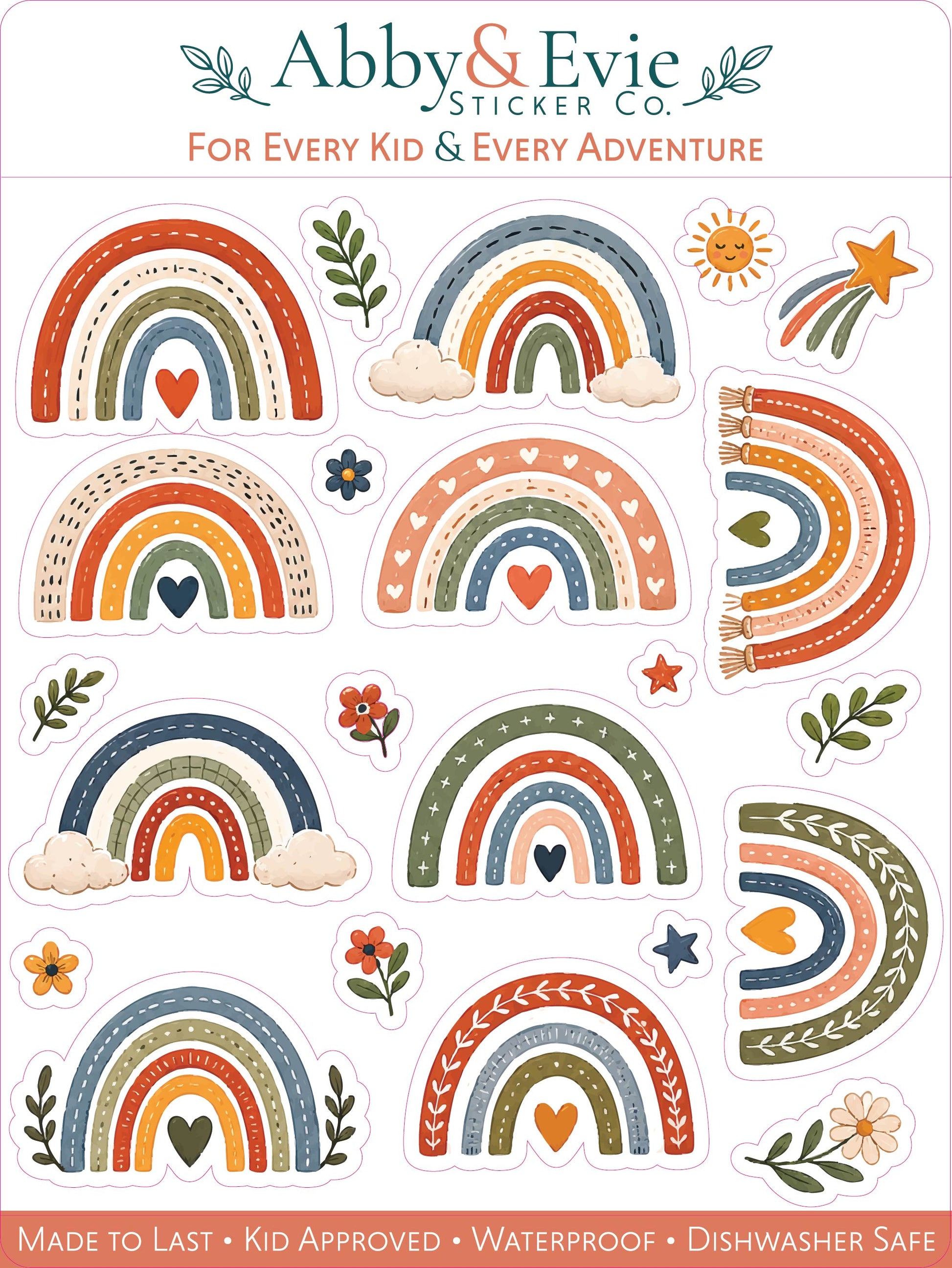 A sheet of Abby & Evie Sticker Co. rainbow stickers for kids, featuring multiple colorful rainbow designs, clouds, flowers, leaves, stars, and suns on a white background with product text at the top and bottom.