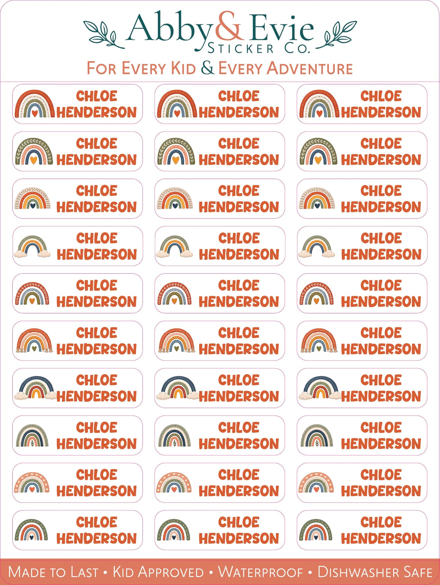 A sheet of rectangular stickers with rounded corners from Abby & Evie Sticker Co., featuring a repeating rainbow motif and the name 'CHLOE HENDERSON' printed in orange text.