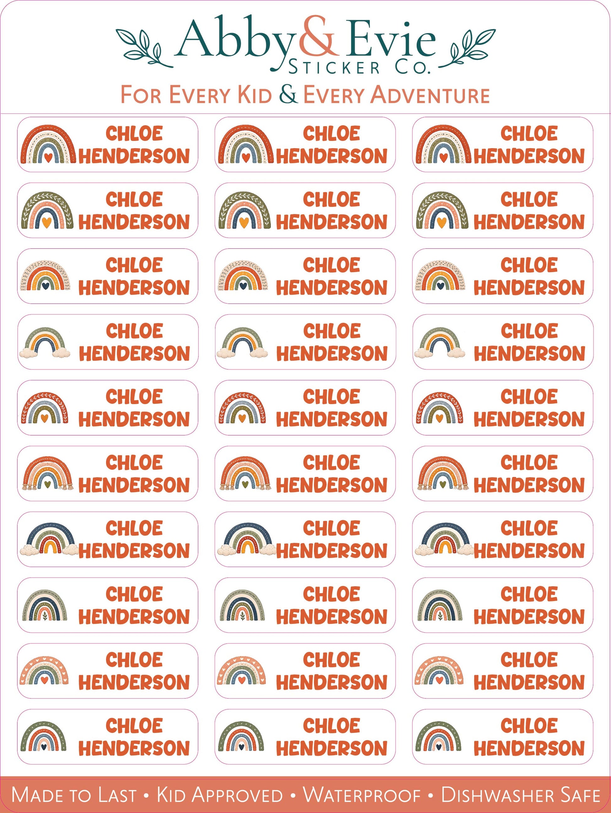 A sheet of rectangular stickers with rounded corners from Abby & Evie Sticker Co., featuring a repeating rainbow motif and the name 'CHLOE HENDERSON' printed in orange text.