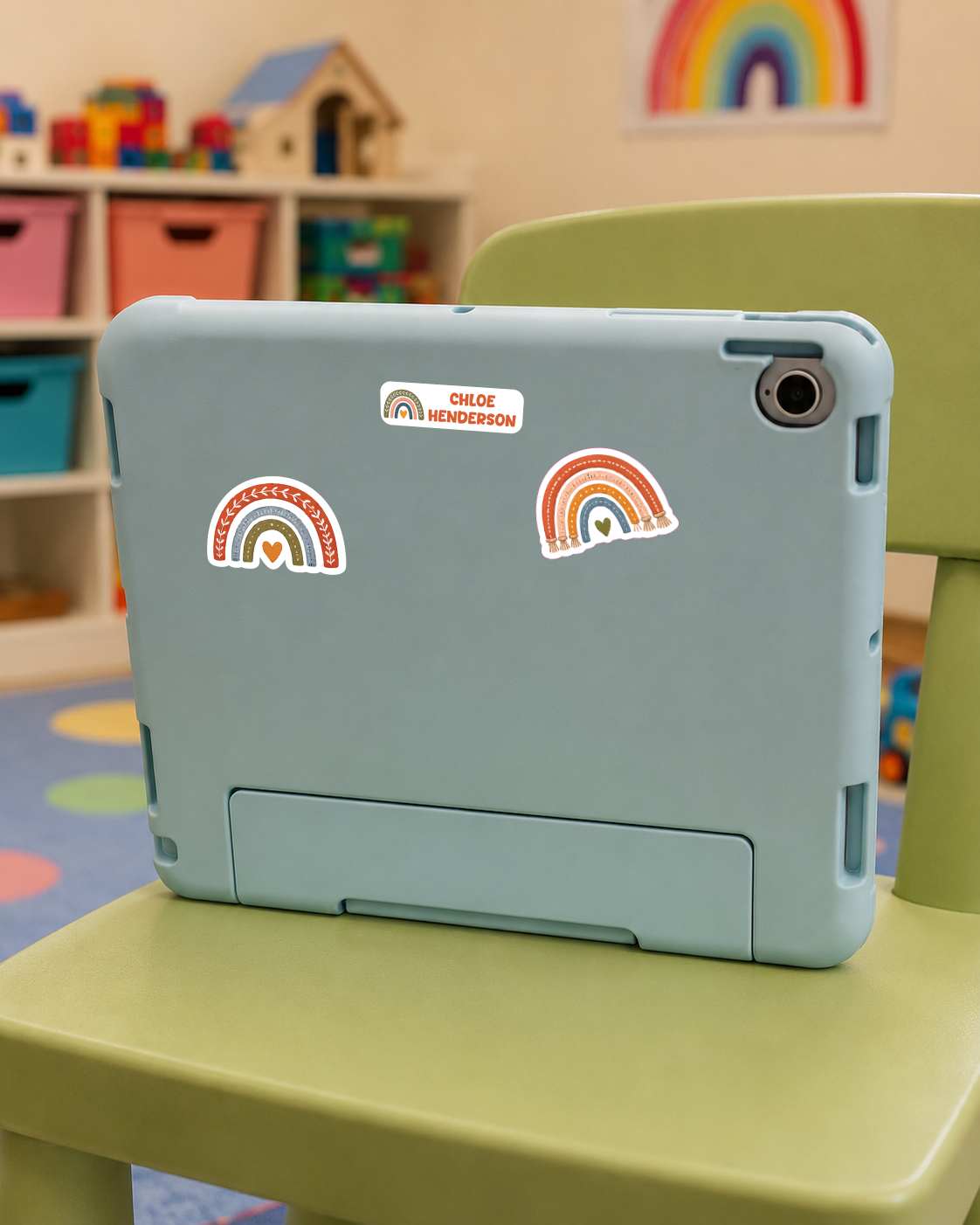 A light blue tablet case with two rainbow stickers and a 'DIEZE HENDERSON' label, shown on a green chair in a child's room.