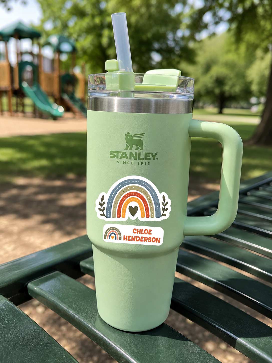 A mint green Stanley travel tumbler with a handle, clear lid, and straw, sitting on a dark green park bench. The tumbler features a custom sticker with a rainbow and the name 'Chloe Henderson'.