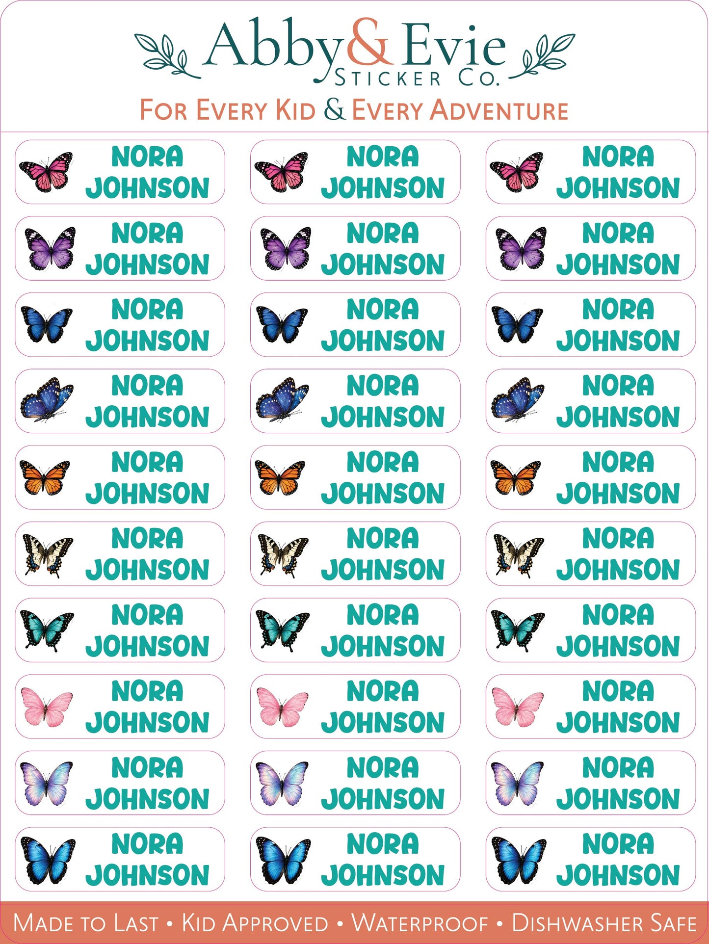 A sheet of Abby & Evie Sticker Co. kid-friendly name stickers featuring the name 'NORA JOHNSON' in teal text next to butterfly illustrations in various colors, with a header and footer text.