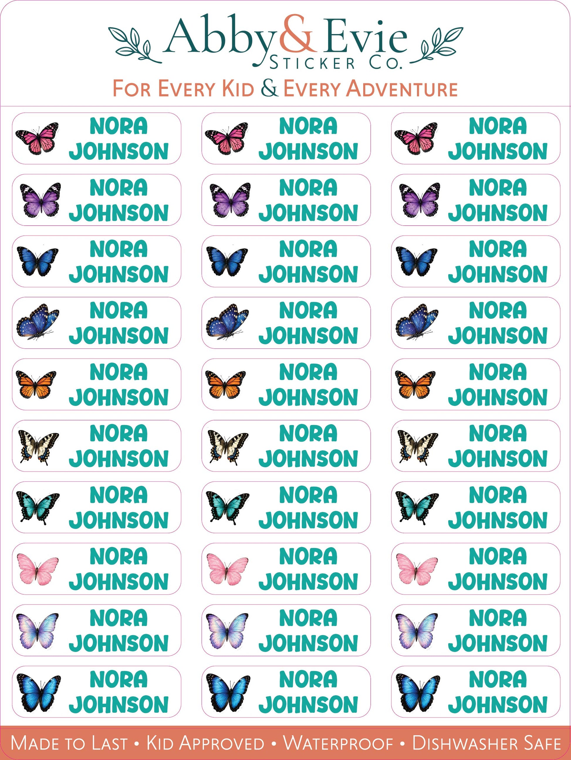 A sheet of Abby & Evie Sticker Co. kid-friendly name stickers featuring the name 'NORA JOHNSON' in teal text next to butterfly illustrations in various colors, with a header and footer text.