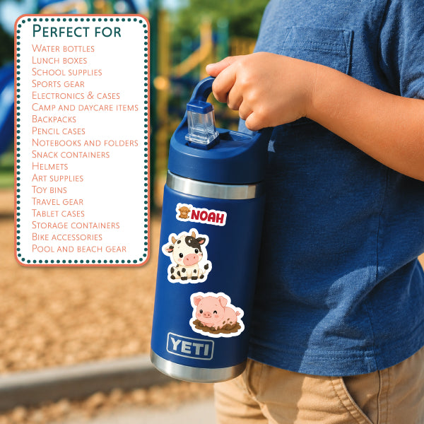 A child wearing a blue shirt holds a blue YETI water bottle with cow and pig stickers. A white text box on the left lists compatible product types, with a blurred outdoor background.