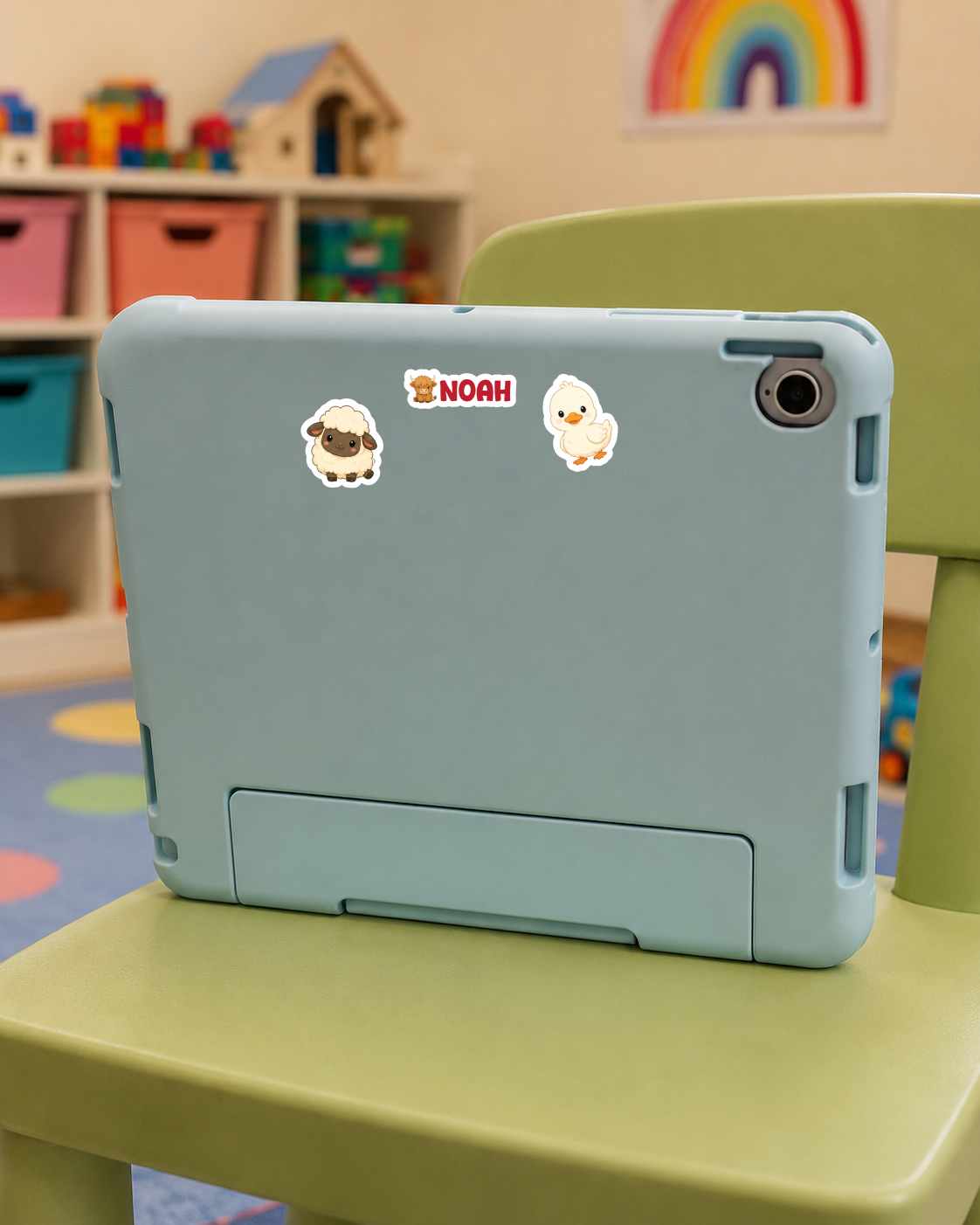 A light blue protective tablet case with custom stickers of a sheep and a duck, displayed on a green children's chair in a colorful toy-filled room. The brand name 'NOAH' is printed on the back of the case.