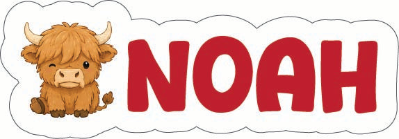 A die-cut sticker featuring a cartoon brown Scottish Highland cow next to the name 'NOAH' in bold red letters, all on a white background with a wavy border.