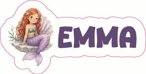 A personalized mermaid-themed name label featuring an illustration of a mermaid with red hair and a purple tail inside a cloud-shaped outline, next to the name 'EMMA' in large purple letters on a white background.