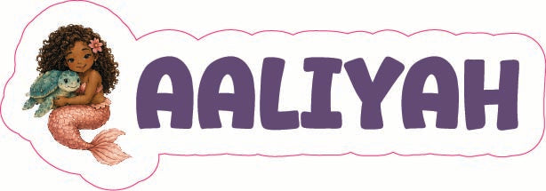 Personalized name banner decal featuring the name 'Aaliyah' in large purple bubble letters, outlined with a pink wavy border. On the left side is an illustration of a mermaid with dark curly hair, a pink tail, and a green fish.