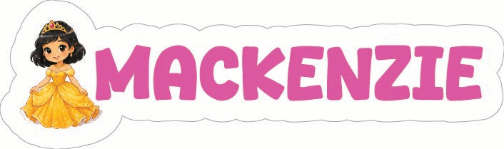 A custom die-cut sticker featuring a cartoon princess character on the left and the name 'MACKENZIE' in large, bold pink letters on a white background with a wavy outline.