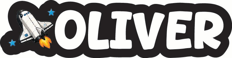 A custom decal or sticker featuring the name 'OLIVER' in bold white bubble letters with a thick black outline, accompanied by a cartoon space shuttle and stars on a black background.