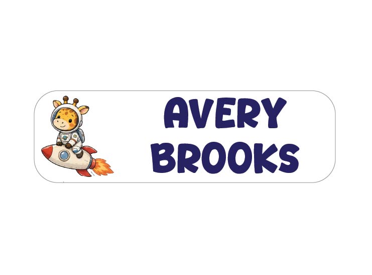 A personalized name sign with the text 'AVERY BROOKS' in dark blue rounded letters on a white rounded rectangle, featuring a cartoon giraffe astronaut riding a small red and white rocket on the left.