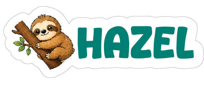 A custom die-cut sticker featuring a cartoon brown sloth holding a branch on the left and the name 'HAZEL' in bold green letters on the right, all on a white background with a black outline.