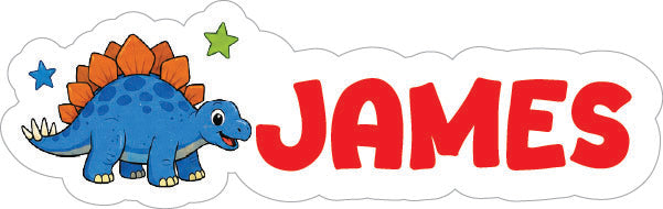 A die-cut sticker featuring a cartoon blue dinosaur with orange spikes and the name 'JAMES' in large red letters on a white cloud-shaped background.