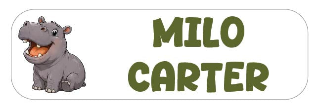 A personalized name label or sticker featuring a cartoon gray hippopotamus on the left and the text 'MILO CARTER' in olive green on a white rounded rectangle with a thin gray border.