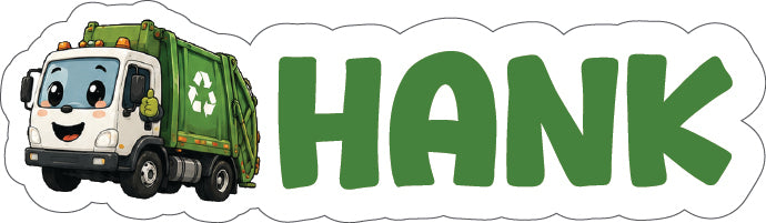 A cartoon recycling truck next to the name 'HANK' in large green letters, on a white background with a wavy outline.