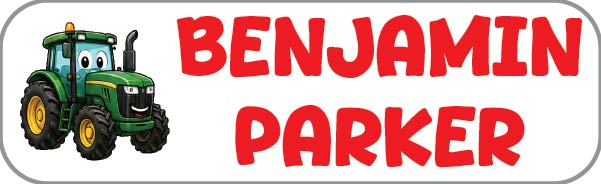 A personalized name sign with a cartoon green tractor on the left and the name 'BENJAMIN PARKER' in large red letters on a white background with a gray rounded border.