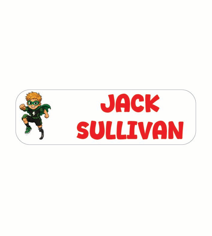 A personalized name sticker with a white rounded rectangular background, featuring the name 'JACK SULLIVAN' in bold red letters and a small cartoon superhero character on the left.