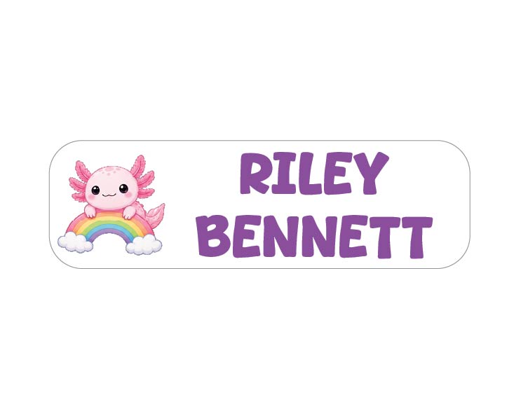 A personalized name label with a white rounded rectangular background, featuring a cute pink axolotl on a rainbow and the name 'RILEY BENNETT' in purple text.