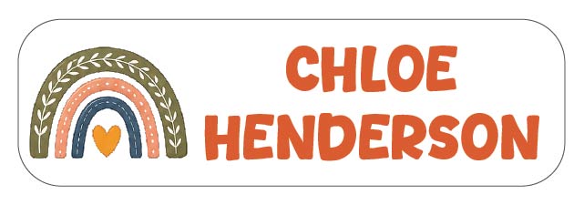 A personalized name label with a white rounded background, featuring a small rainbow illustration in green, pink, orange, and blue with a heart, alongside the name 'CHLOE HENDERSON' in orange block letters.