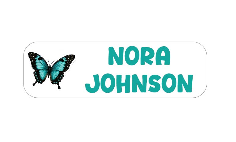 A personalized name sign with a white rounded rectangular base, featuring a turquoise and black butterfly on the left and the name 'NORA JOHNSON' in large turquoise letters on the right.