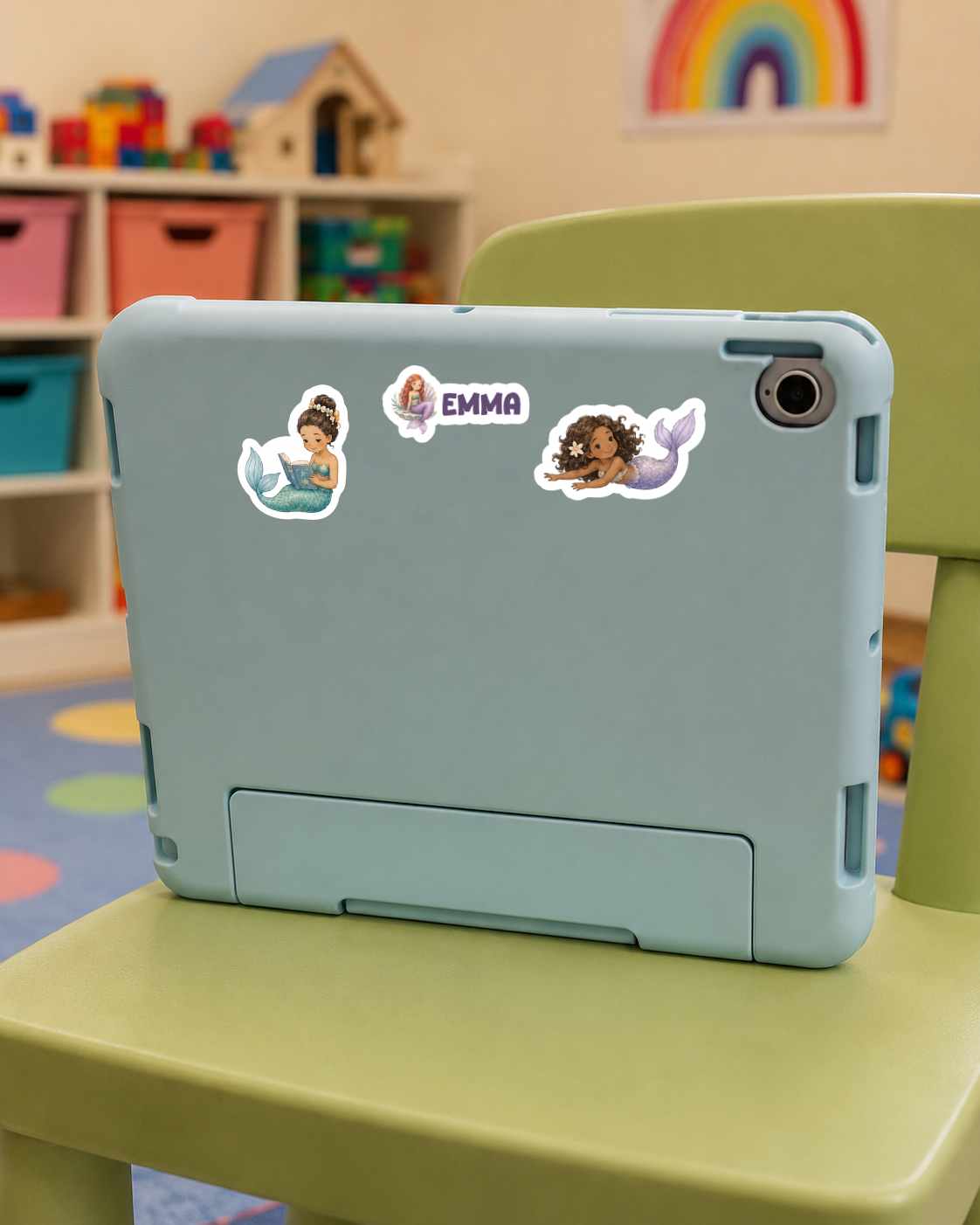 A light blue tablet case with two custom cartoon stickers on the back, resting on a green chair in a colorful children's room.