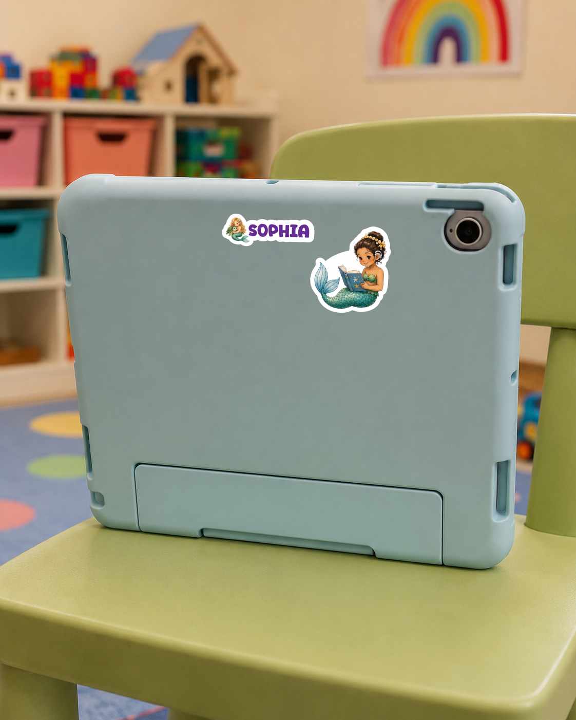 A light blue tablet case with custom stickers reading 'SOPHIA' and a cartoon illustration, shown on a green chair in a colorful children's room.