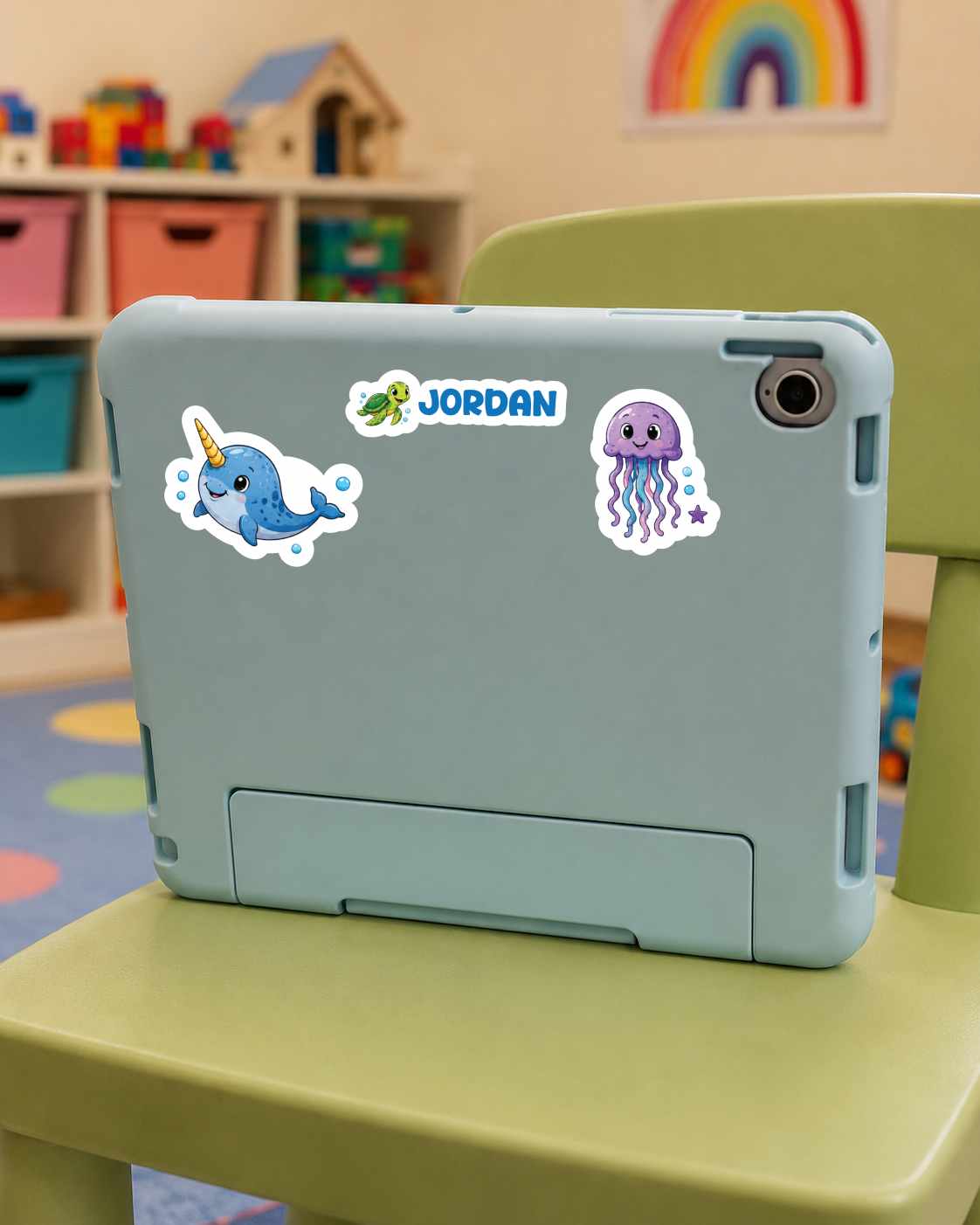A light blue tablet case with custom stickers, including a blue narwhal, a purple jellyfish, and the name 'JORDAN' in blue, shown on a green chair in a child's room.
