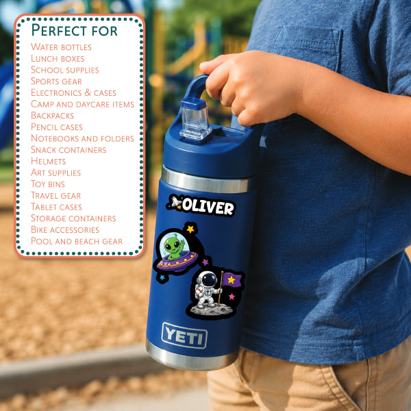 A child in a blue shirt holds a blue YETI water bottle with astronaut and alien graphics. A white text box on the left lists compatible item types, with a blurred outdoor background.