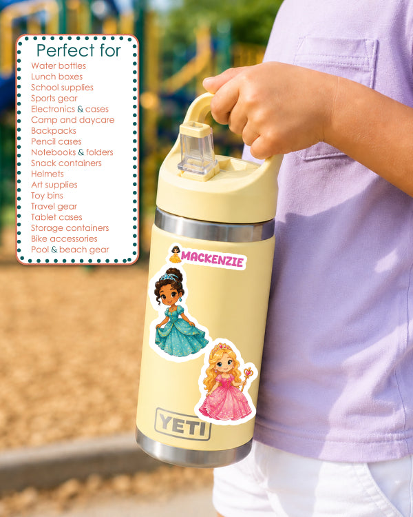 A person holding a pale yellow YETI water bottle with cartoon princess graphics, alongside a white text box listing compatible bottle shapes and sizes.