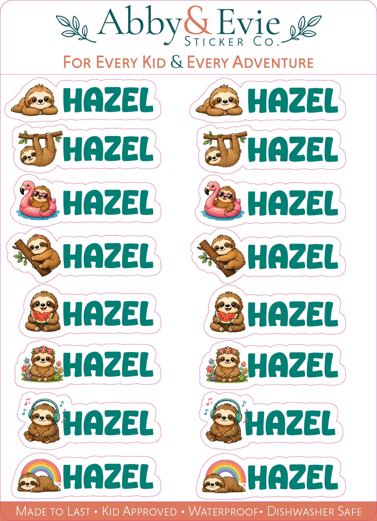 A sheet of Abby & Evie Sticker Co. stickers featuring the name 'Hazel' in green text with various cartoon sloths and pool-themed illustrations, presented on a white background with a pink border.