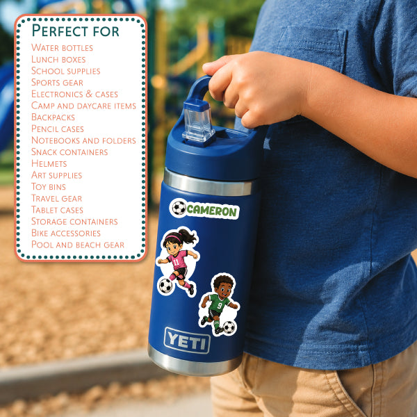 A child in a blue shirt holds a blue YETI water bottle with cartoon soccer player stickers. A white text box on the left lists compatible product types, with a blurred outdoor background.