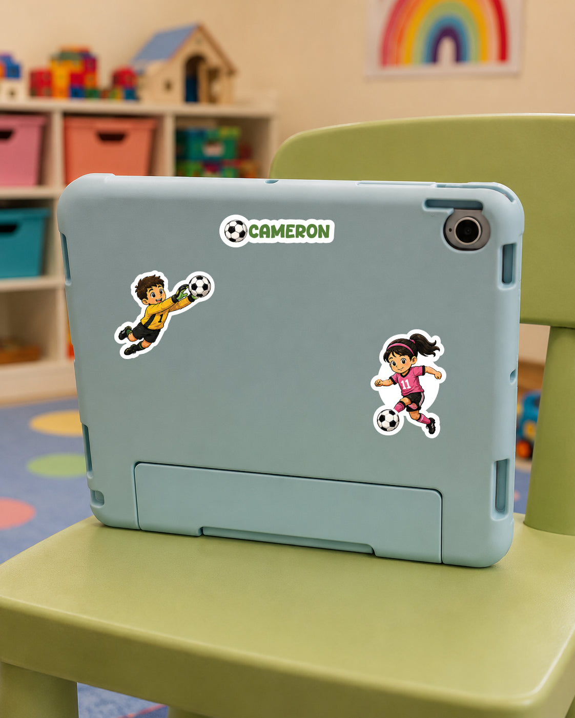 A light blue protective tablet case with a kickstand, decorated with two soccer-themed cartoon stickers and a 'CAMERON' name sticker, resting on a green children's chair in a playroom.