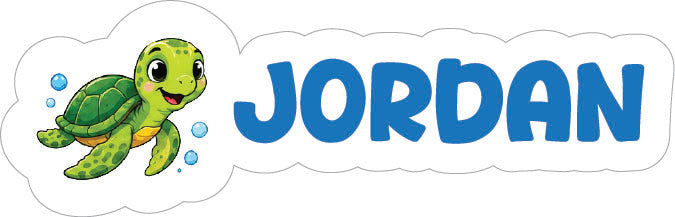 A personalized name sticker featuring a cute green cartoon sea turtle on the left and the name 'JORDAN' in large blue letters on the right, all on a white cloud-shaped background.